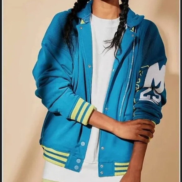 Free People FP Movement Post Up Teal Varsity Sweatshirt Jacket S Hoodie - Picture 1 of 12